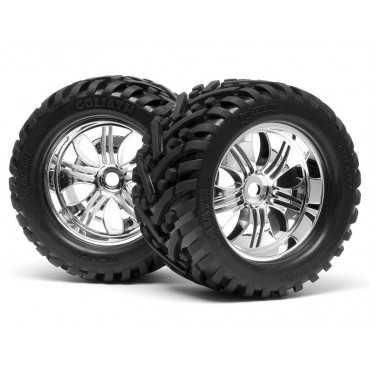 JOGO DE RODA TREMOR CROMADA COM PNEU GOLIATH MONTADO 178X97MM PARA AUTOMODELO MONSTER TRUCK SAVAGE HPI 4882 4728